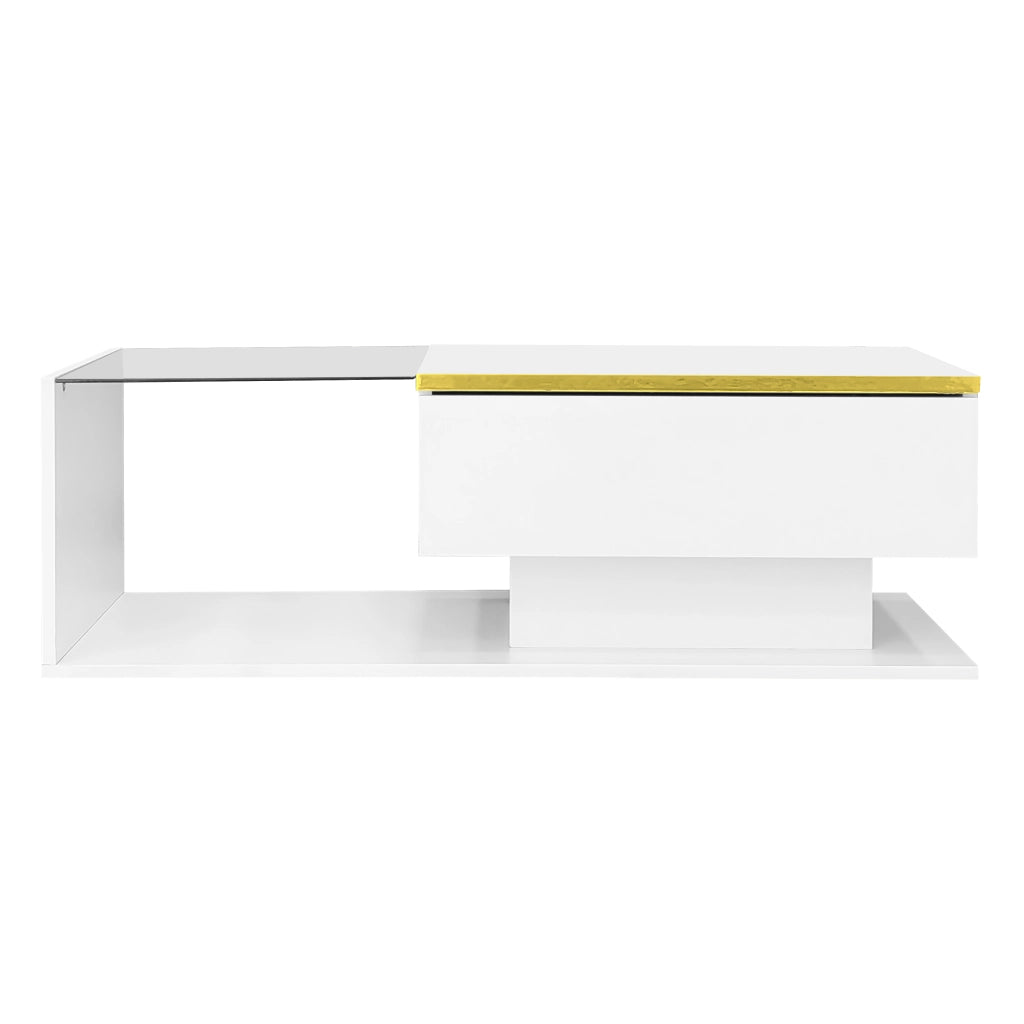 Tavolino da salotto 100 cm - Zephmum - Bianco lucido con vetro ed effetto LED
