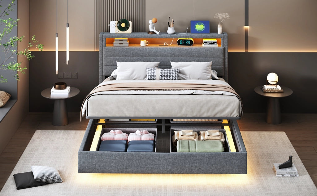 Letto matrimoniale imbottito fluttuante con contenitore idraulico; LED e porta USB; testiera girevole; lino grigio; 140x200 cm; senza materasso