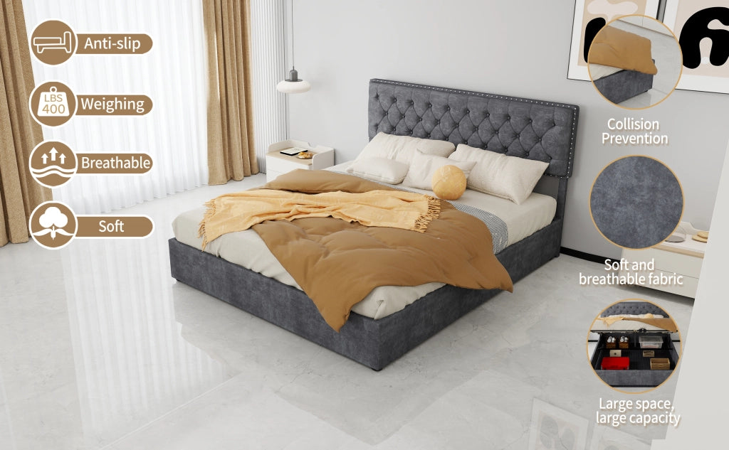 DESMIU Letto contenitore 160 × 200 cm 2 posti con spazio sotto il letto, senza materasso, in tessuto e metallo, grigio