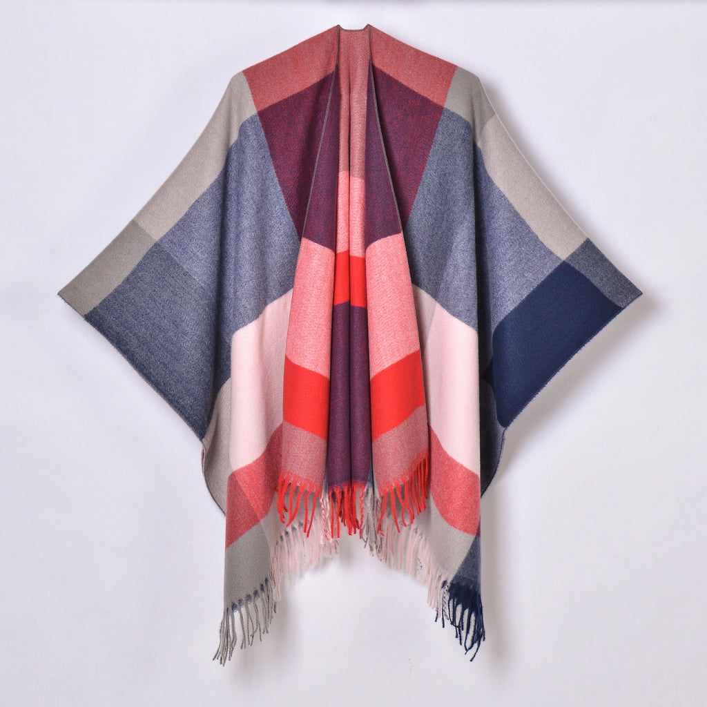 Nuovo scialle a quadri, cardigan/mantella da donna classico in jacquard con spacco e nappine, lavorato a maglia.