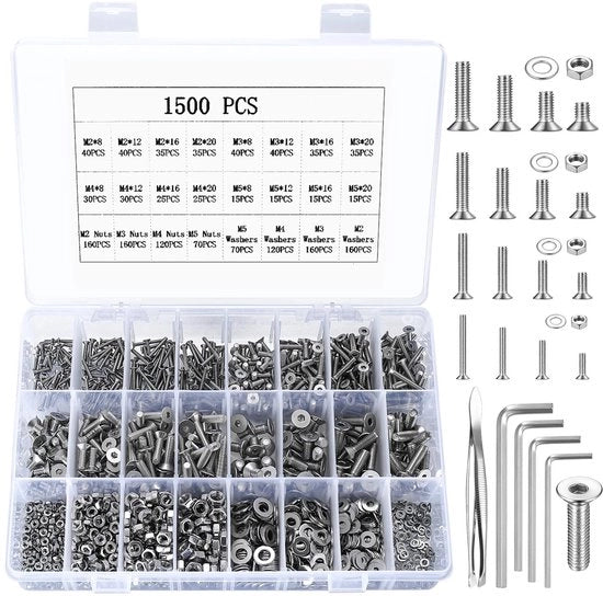 Assortimento di viti, viti a testa piatta, viti a testa rotonda, viti cilindriche in acciaio inossidabile, M2 M3 M4 M5 (1500 pezzi)