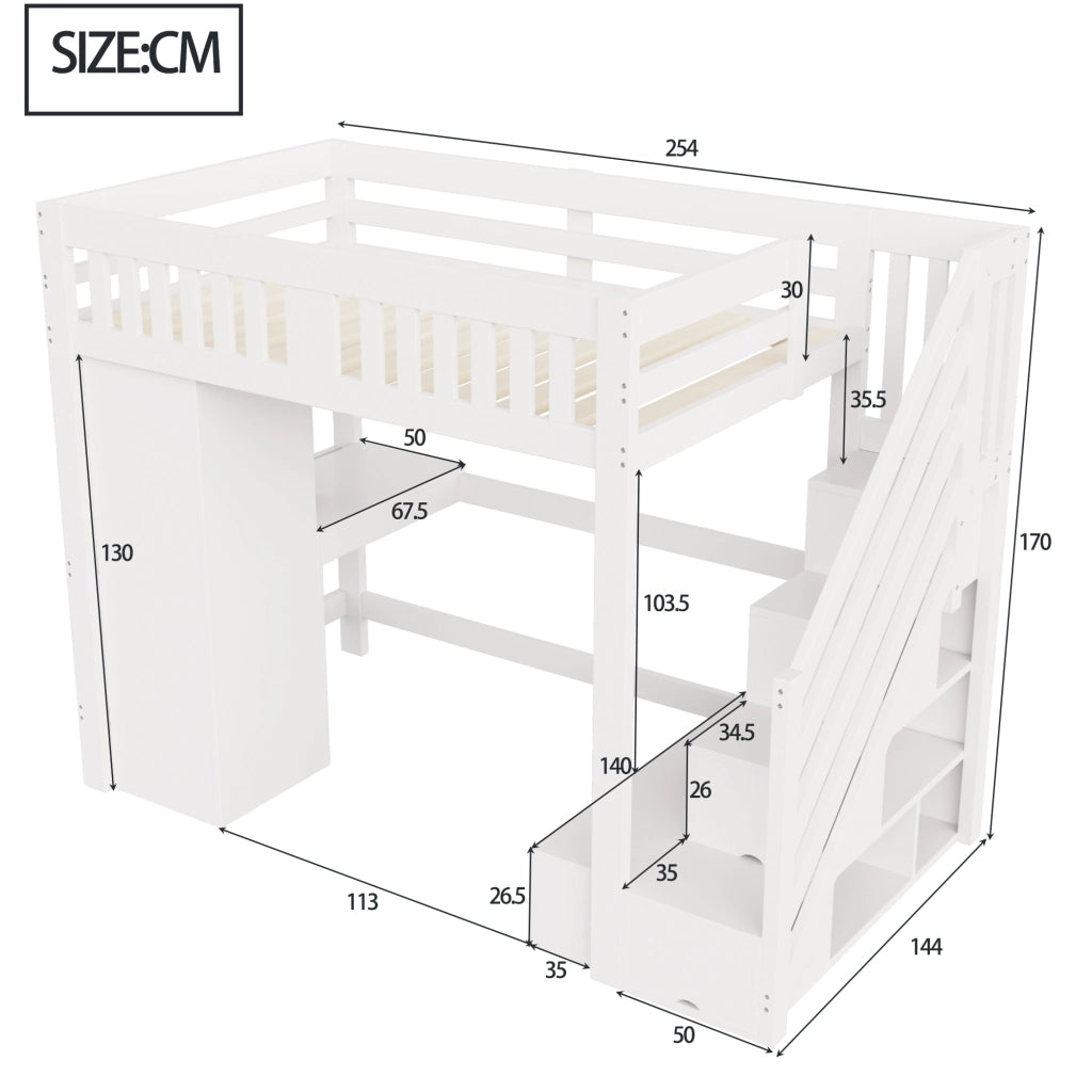 DESMIU Letto a soppalco 140 × 200 cm 2 posti con scala, scrivania, armadio, LED e panca contenitore, senza materasso