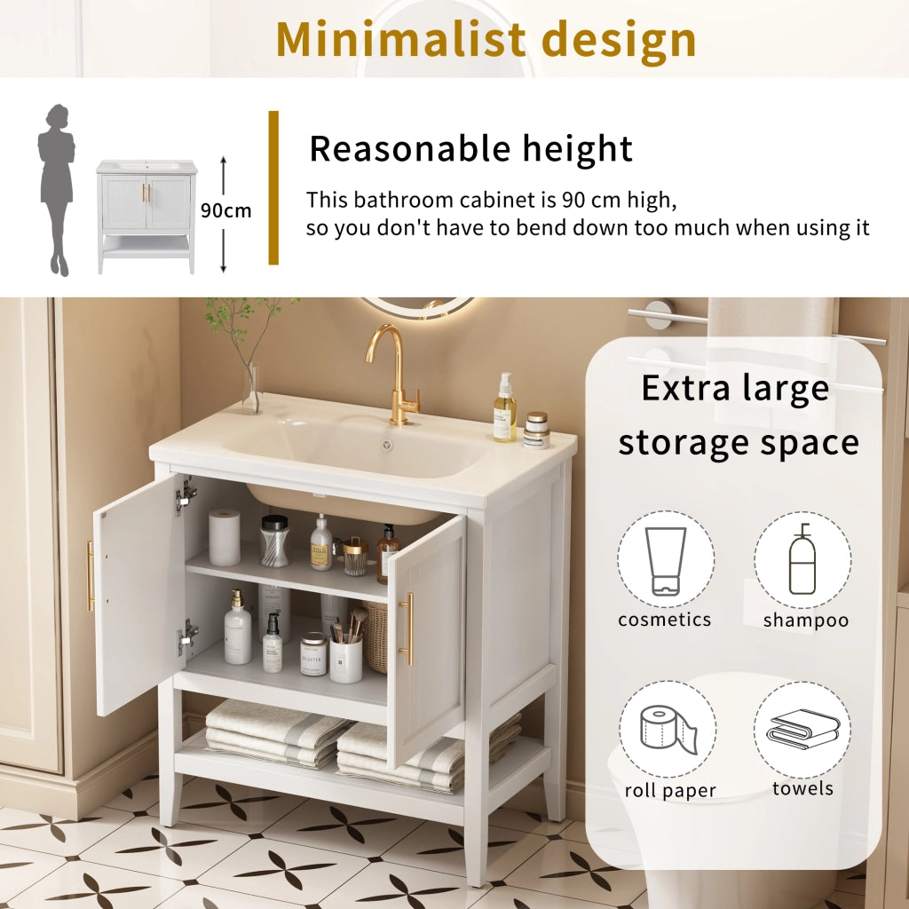 LAVABO DA BAGNO con mobiletto, ceramica bianca e MDF, Set 2 pezzi