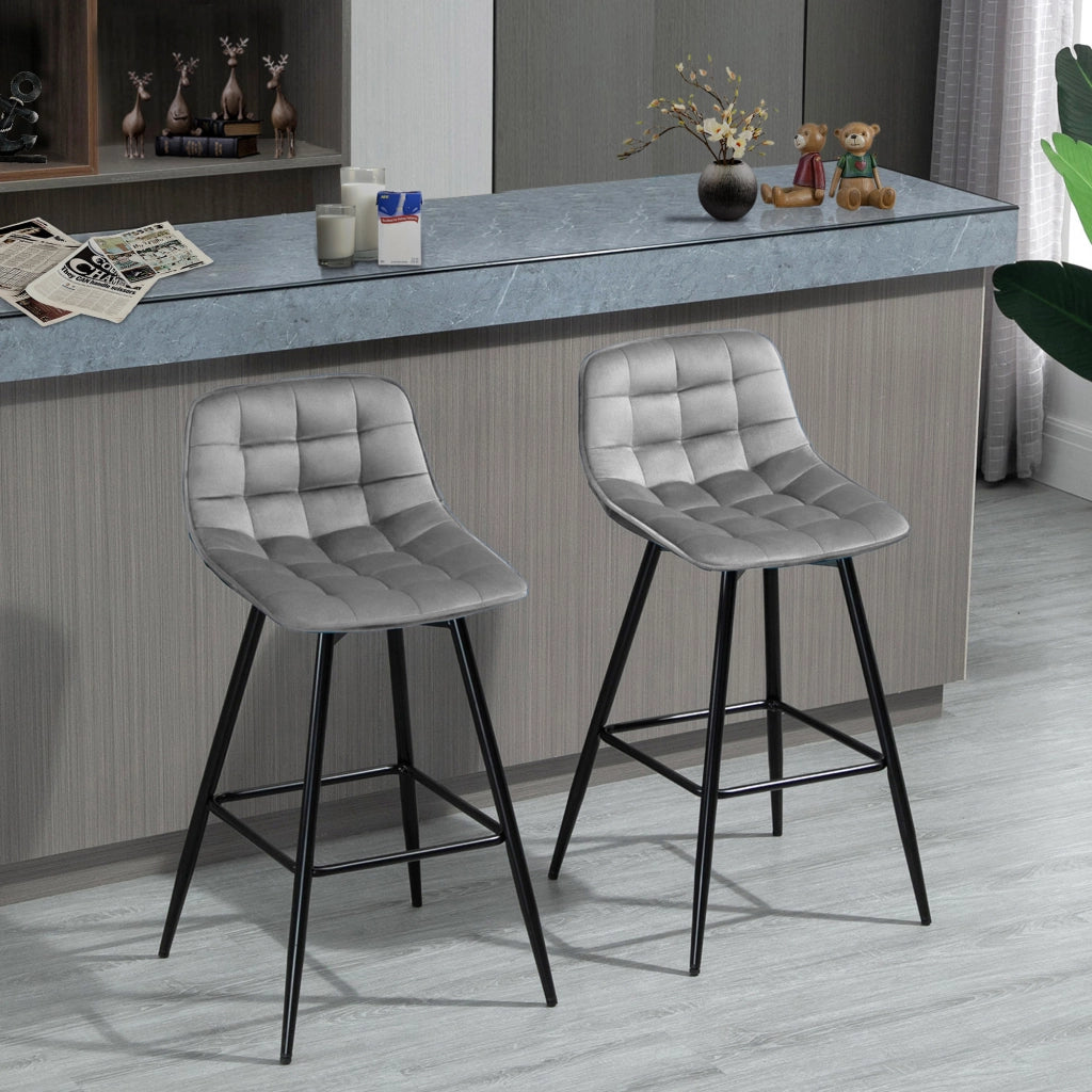 Sgabello Alto Nordico con Schienale ¨C Xylo ¨C Tessuto Effetto Velluto Grigio e Metallo 45x47x88 cm