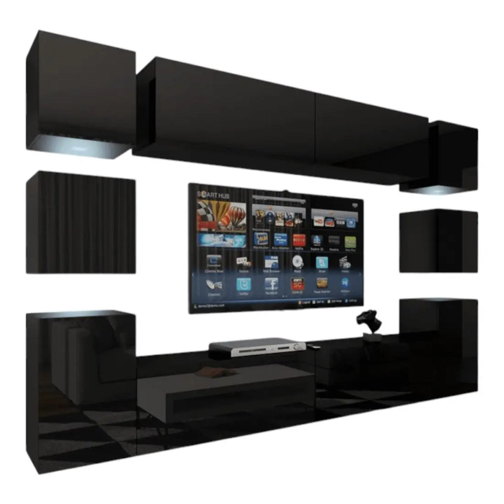 Set di mobili da soggiorno neri sospesi collezione CEPTO XIV. 256cm, 10 mobili, 10 porte, led.