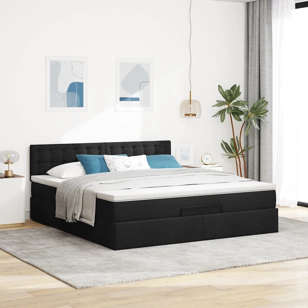Struttura Letto Pouf con Materasso Nero 160x200 cm in Tessuto 3311638
