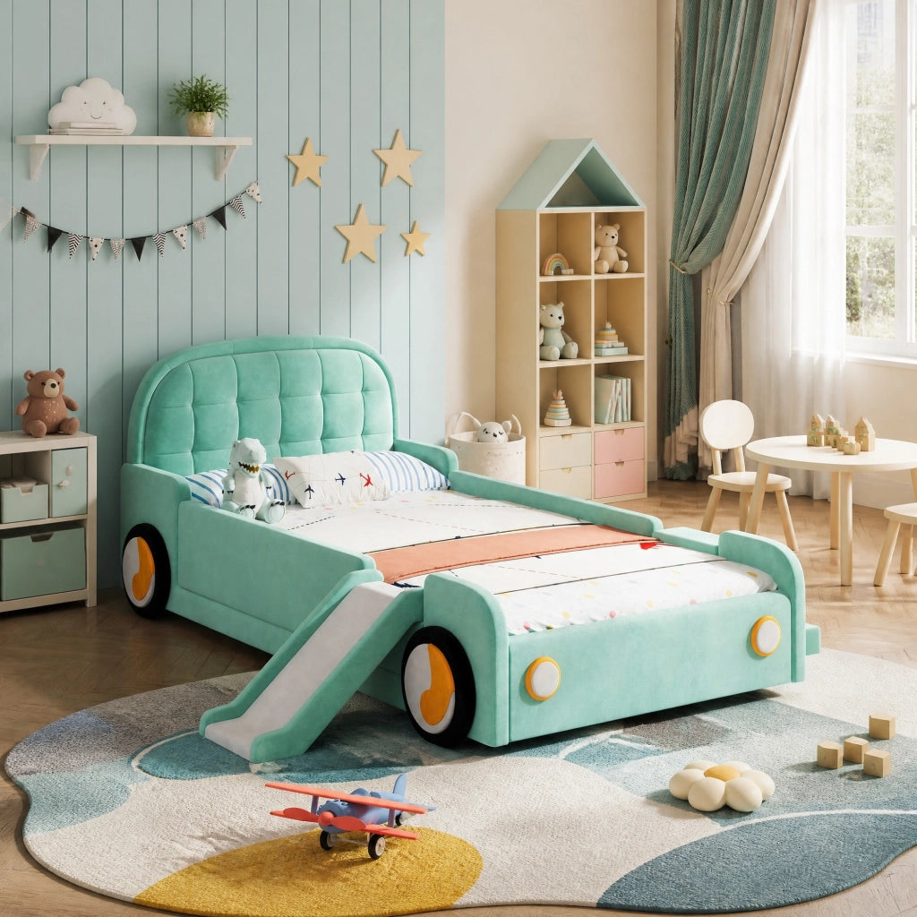 LETTO Auto con scivolo e scala 90x200 cm Velluto Blu-verde