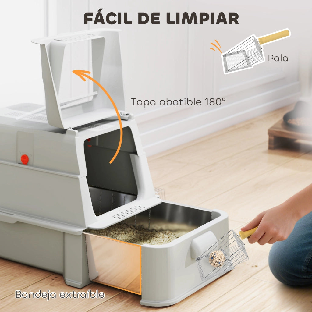 Lettiera per Gatti XL ¨C Xylo ¨C Acciaio Inox con Coperchio Ribaltabile 180¡ã Pareti Alte Grigio Chiaro