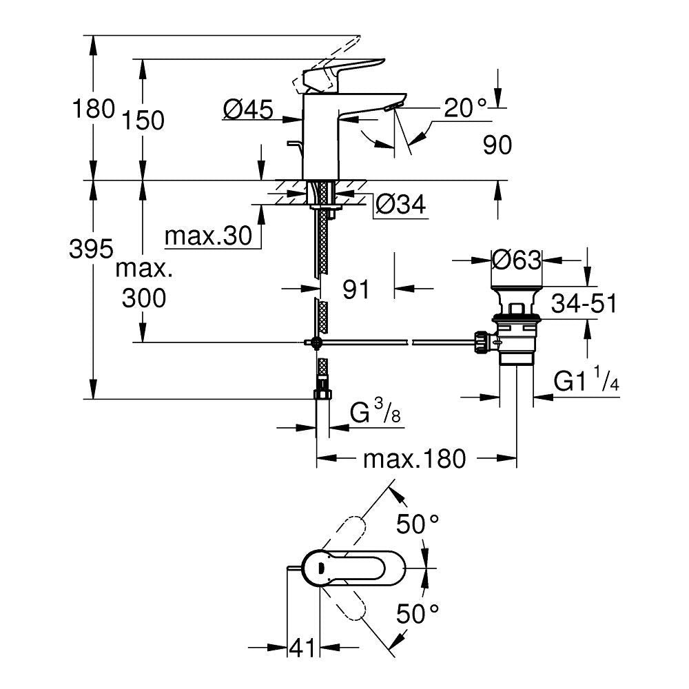Rubinetto Miscelatore Monocomando per Lavabo Serie Bauedge Scarico 11/4