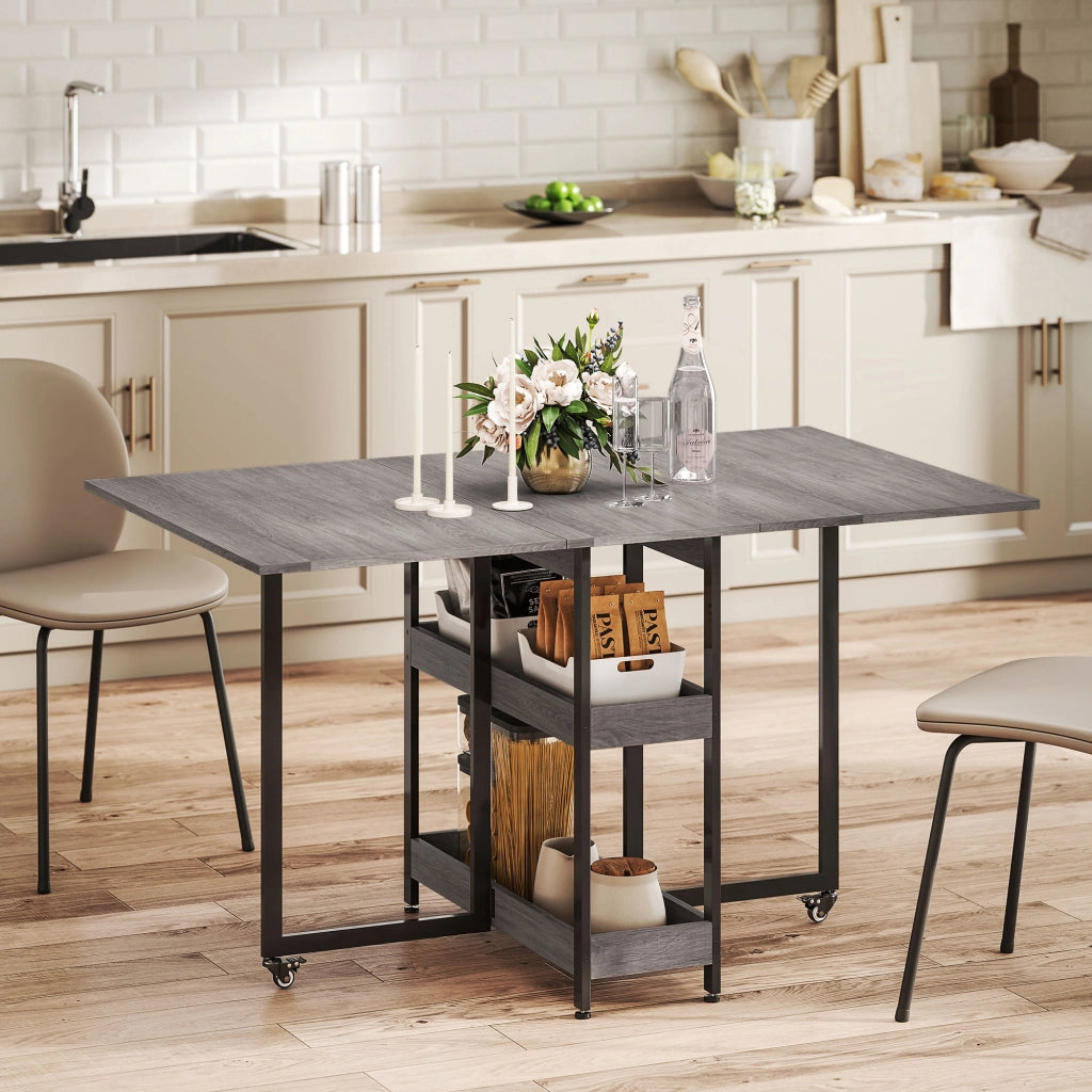 Tavolo Pieghevole a 2 Ribalte per 4 Persone con 2 Ripiani Aperti, in Legno e Metallo, 133.4x80x75 cm, Grigio