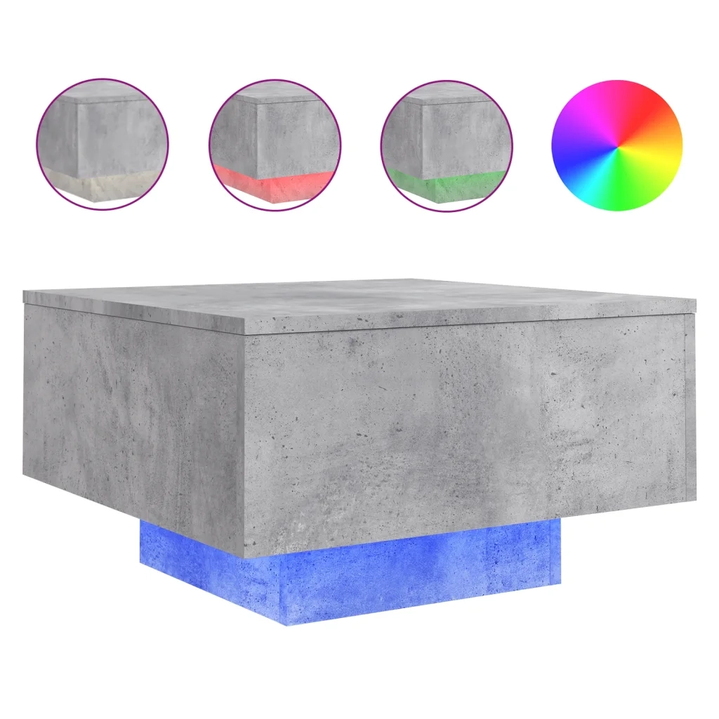 Tavolino da Soggiorno con Luci LED-Tavolino da Salotto-Tavolo Grigio Cemento 55x55x31 cm