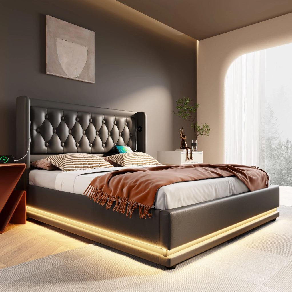 Letto contenitore 180x200 cm in PU nero con LED e porte USB/Type-C