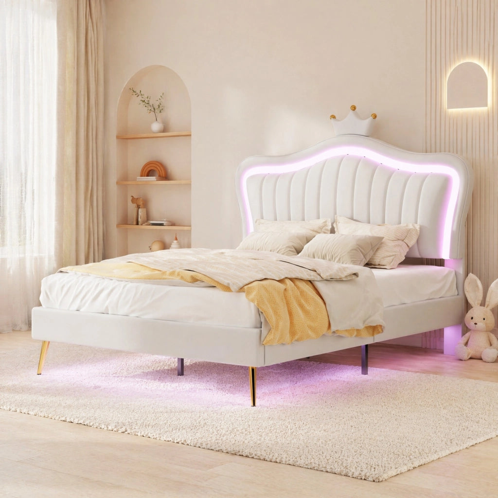 LETTO imbottito bambini 140x200 cm bianco con LED