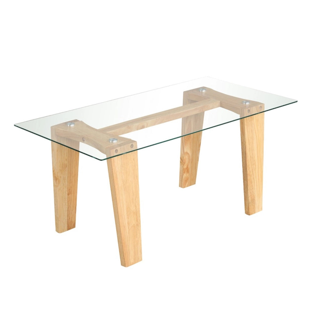 Tavolino da caff¨¨ in vetro con gambe in legno di gomma massiccio, Tavolino centrale rettangolare da 100 CM Naturale-Tavolini da salotto