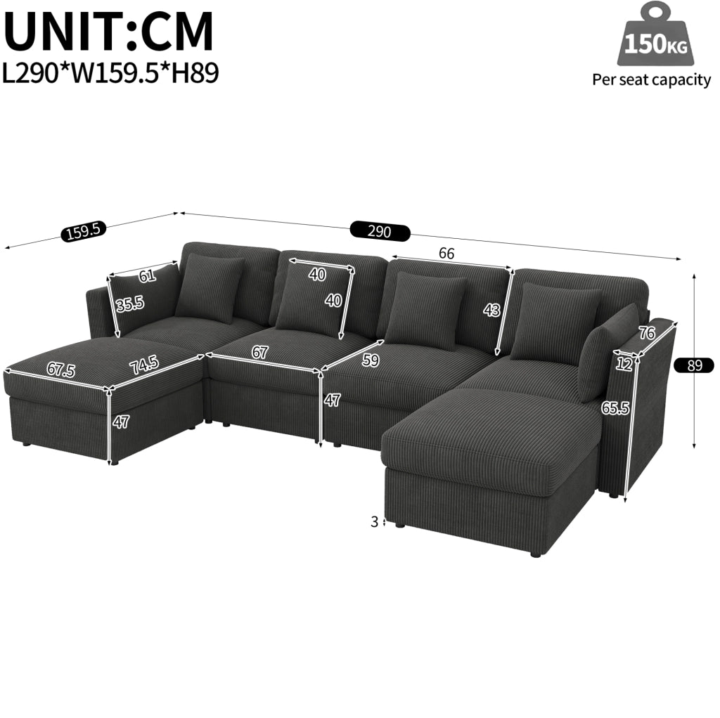 Divano modulare angolare a U 290 x 159;5 x 89 cm in tessuto corduroy grigio