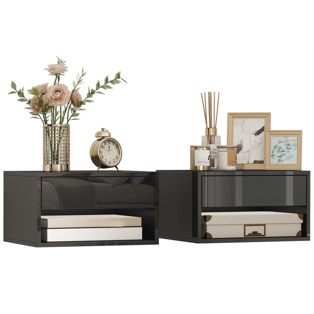 Comodino Flottante con Cassetto ¨C Minimal ¨C Nero Lucido 37x32x21 cm