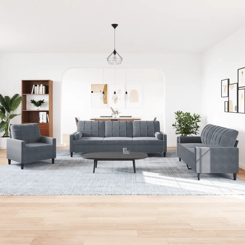 Set di Divani 3 pz con Cuscini e Rinforzi Grigio Scuro Velluto 3278452