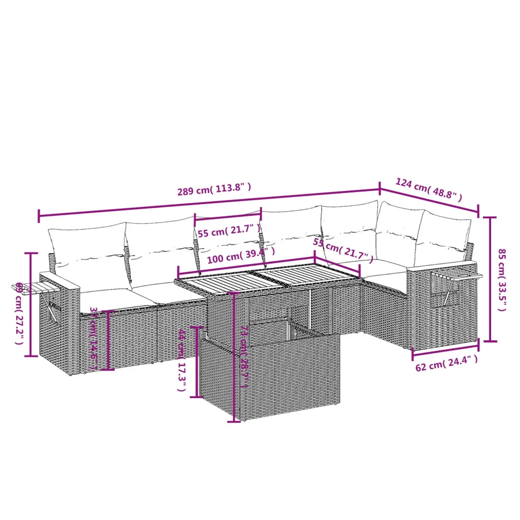 Set Divani da Giardino 7 pz con Cuscini Grigio in Polyrattan