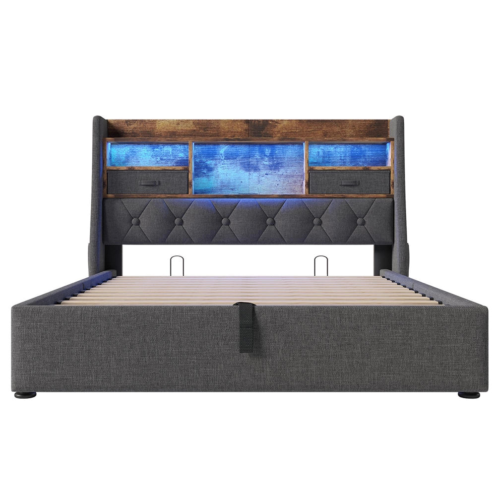Letto Matrimoniale 140x200cm - Xylo - Testiera LED Idraulica con 4 Porte Ricarica, Tessuto Lino Grigio