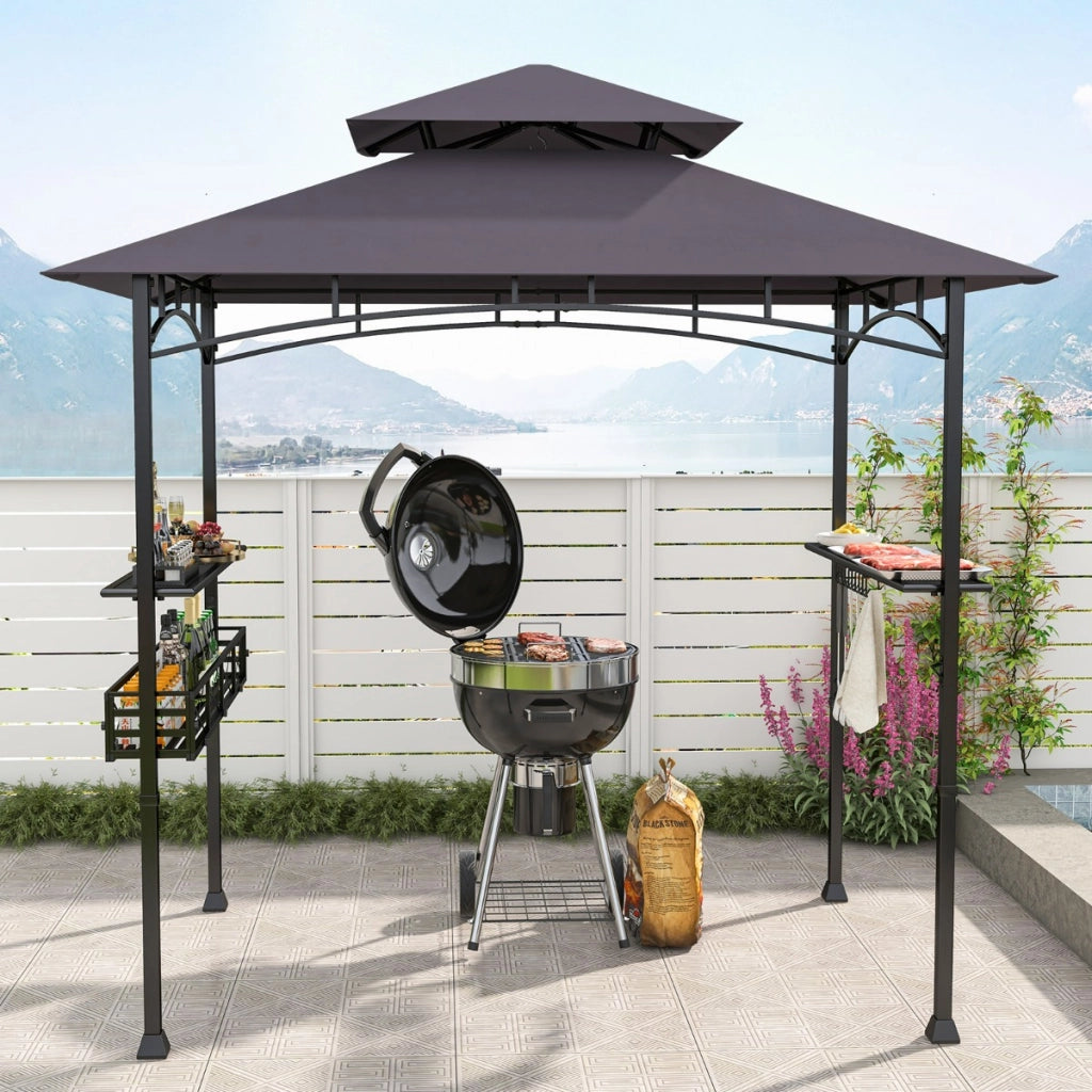 Gazebo barbecue con 2 ripiani laterali cestino ganci appendiutensili, Tendone da esterno per barbecue 242x153cm Grigio scuro