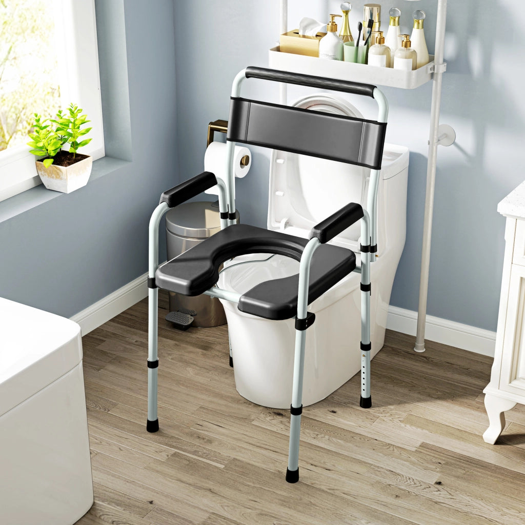 Sedia WC Pieghevole con Braccioli e Schienale ¨C Xylo ¨C Acciaio e Pelle PU Nero 52.5x46x81.5-97cm