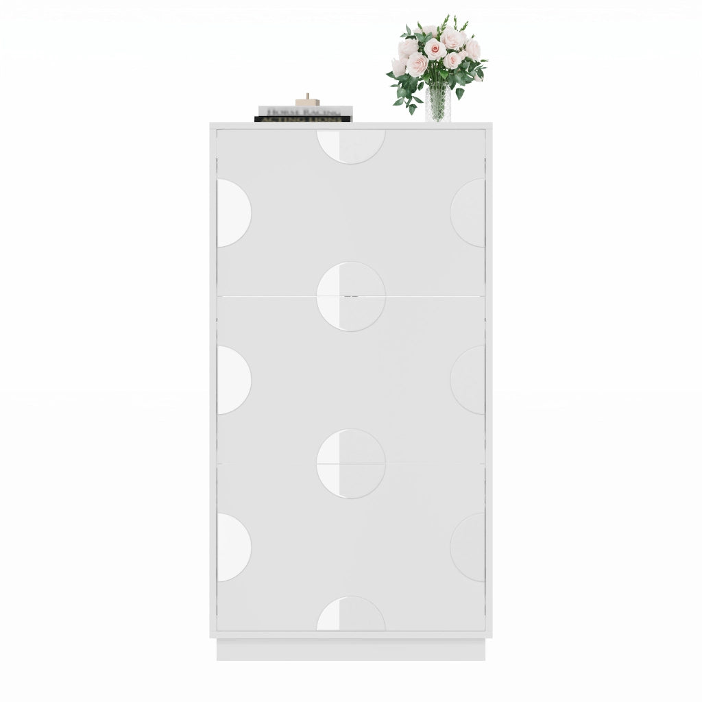 Scarpiera con 3 Ribalte e Specchio Rotondo per Ingresso in MDF 63×24×120 cm Bianca