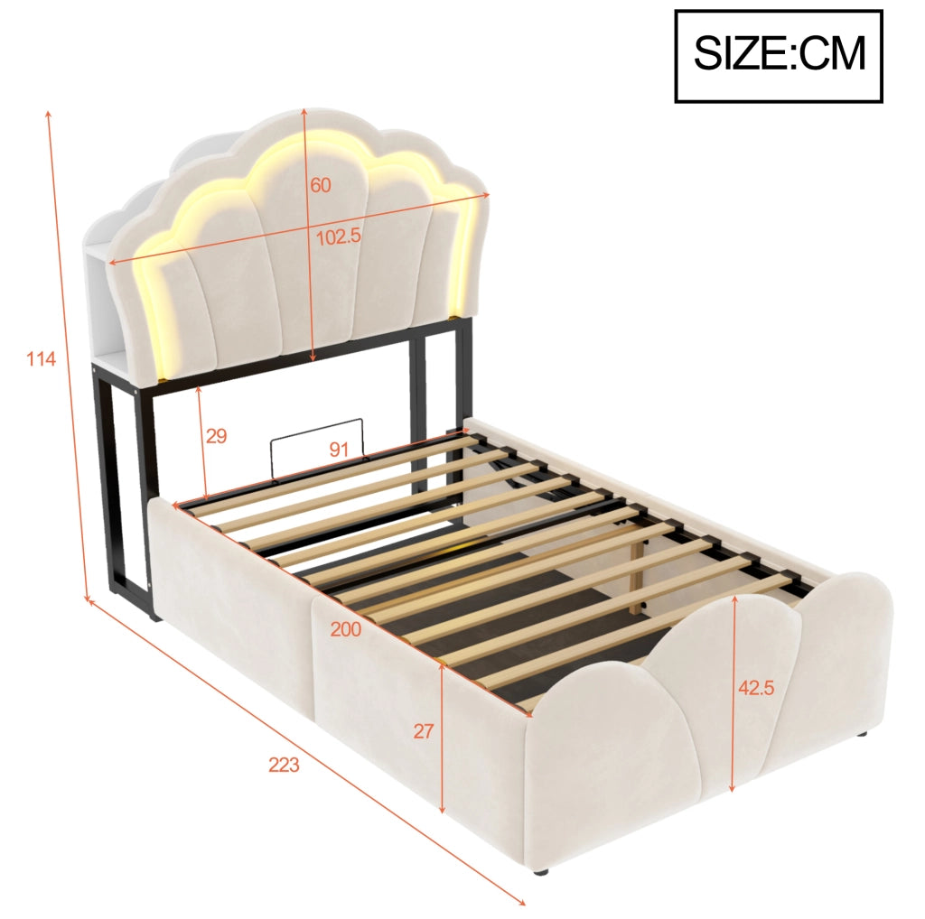 Letto imbottito 90x200 cm con vano contenitore idraulico e LED beige