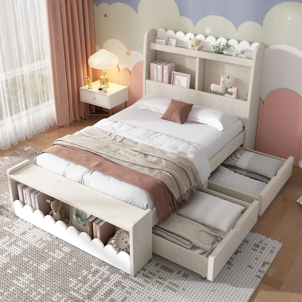 Letto per bambini in legno con 2 cassetti; mensole; panca contenitore e doghe; bianco e rovere chiaro; 90x200 cm; senza materasso