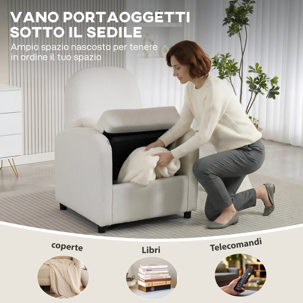 Poltrona Moderna con Cuscino e Spazio Contenitore ¨C Zephmum ¨C Rivestimento in Pile Teddy Crema 76x77x95 cm