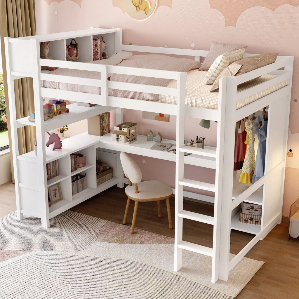 LETTO A SOPPALCO 140x200 cm con scrivania, scaffali e armadio, bianco