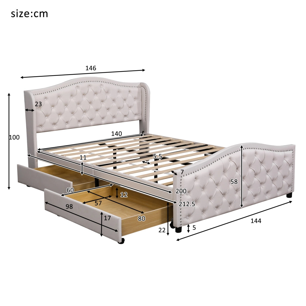 LETTO Imbottito 140x200 cm Bianco PU con rete a doghe e 2 cassetti