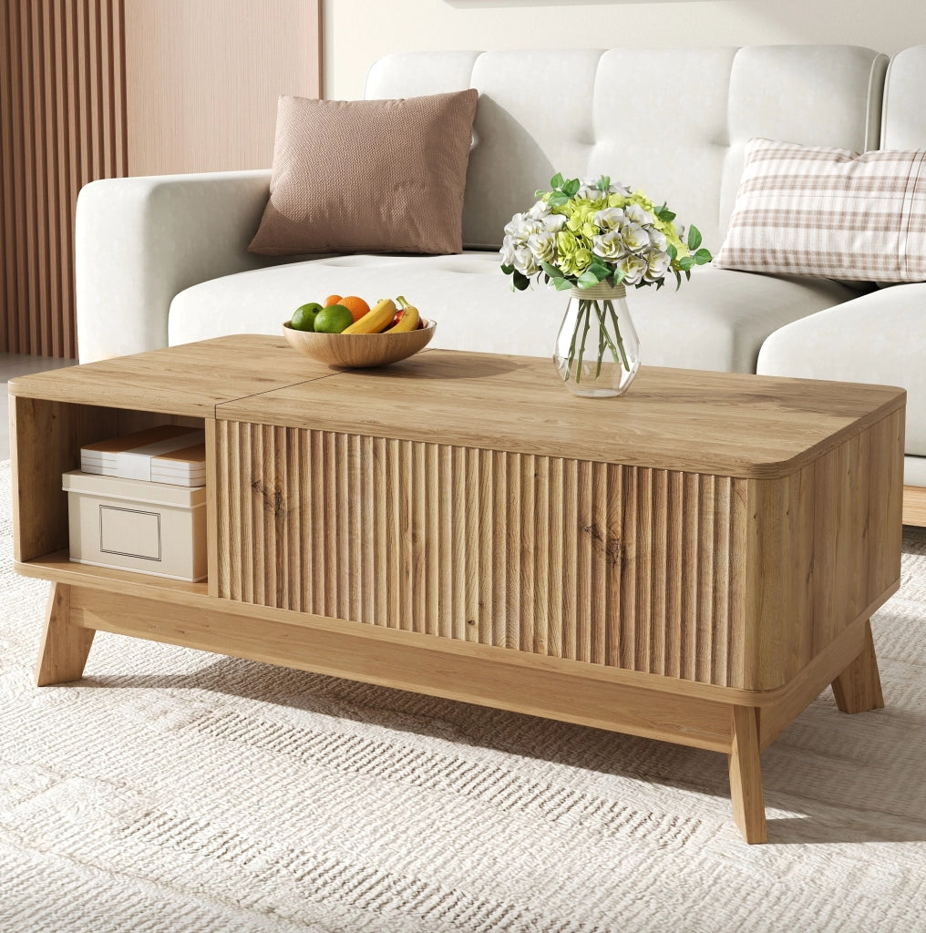 Tavolino da salotto con piano sollevabile 95x48x50 cm in MDF naturale; con vano portaoggetti