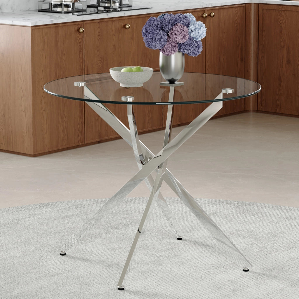 Tavolo da pranzo per 2-4 persone con piano rotondo in vetro temperato e struttura in metallo per cucina 88 cm argento