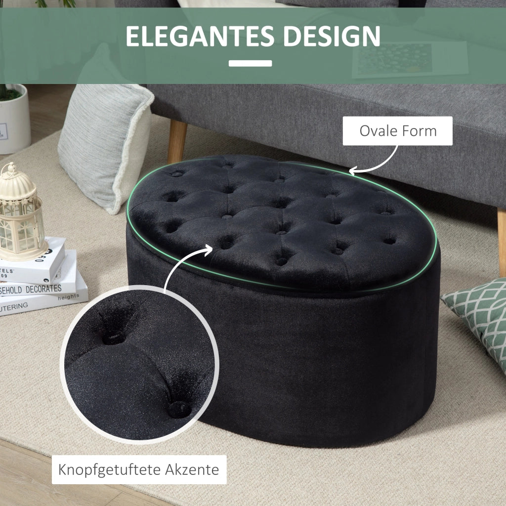 Panca imbottita nera con vano contenitore, in poliestere vellutato e legno di caucci¨´, forma ovale, 71x52x42 cm