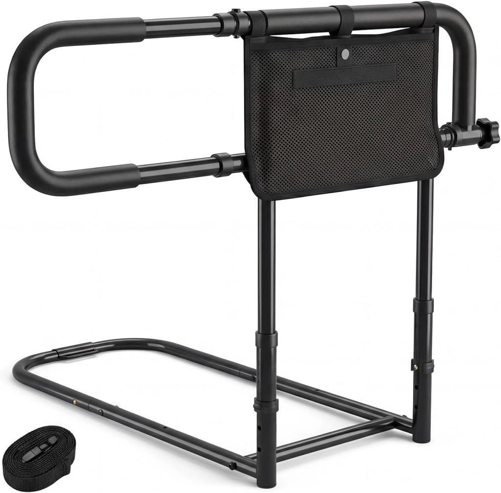 Sponda Letto Anziani Regolabile e Pieghevole, Altezza/Larghezza Aggiustabile, Tasca Rimovibile, Maniglie Imbottite e Base a U, Adatto a Letti King/Queen, Supporto fino a 136 kg (Nero)