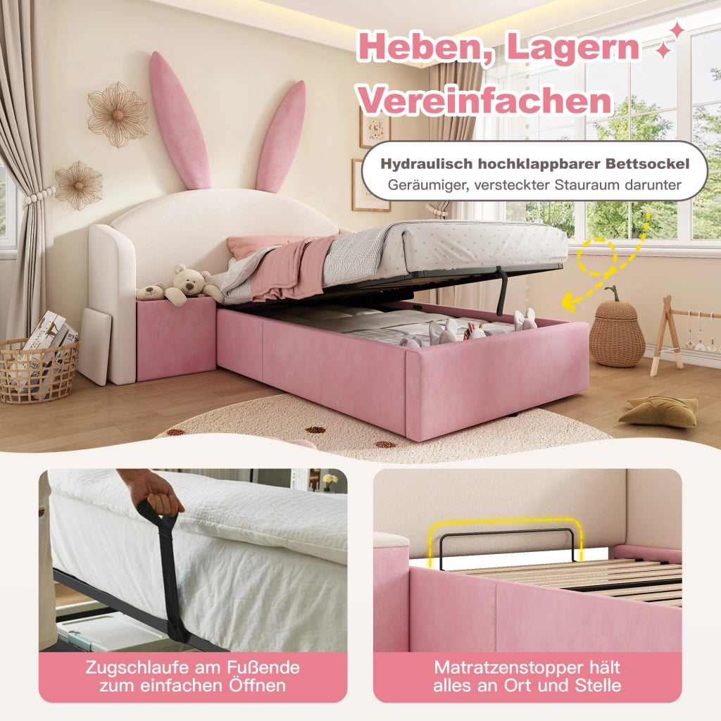 LETTO 90x200 cm in velluto beige e rosa con comodino laterale