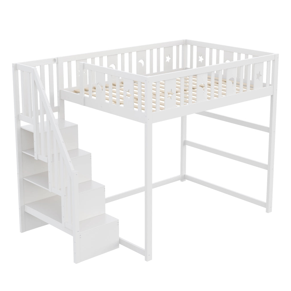 Letto a soppalco singolo 140×200 cm con scala; ripiani e barriera; senza materasso; legno massiccio; bianco