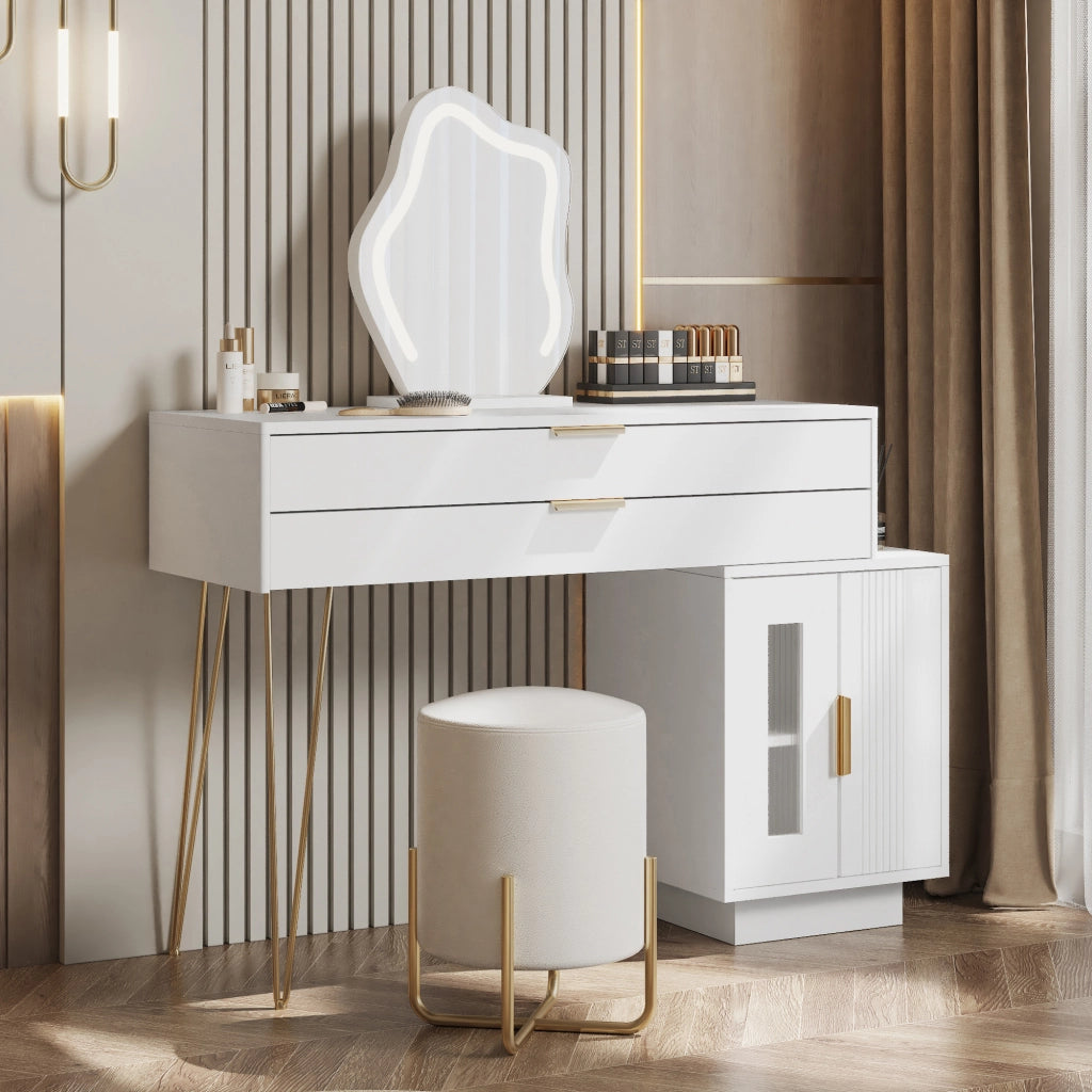 OKWISH Toeletta con 2 Cassetti, Specchio LED 3 Modalità e Mobile Laterale Scorrevole, per Camera, Pannelli, Bianco, 100×40×78 cm