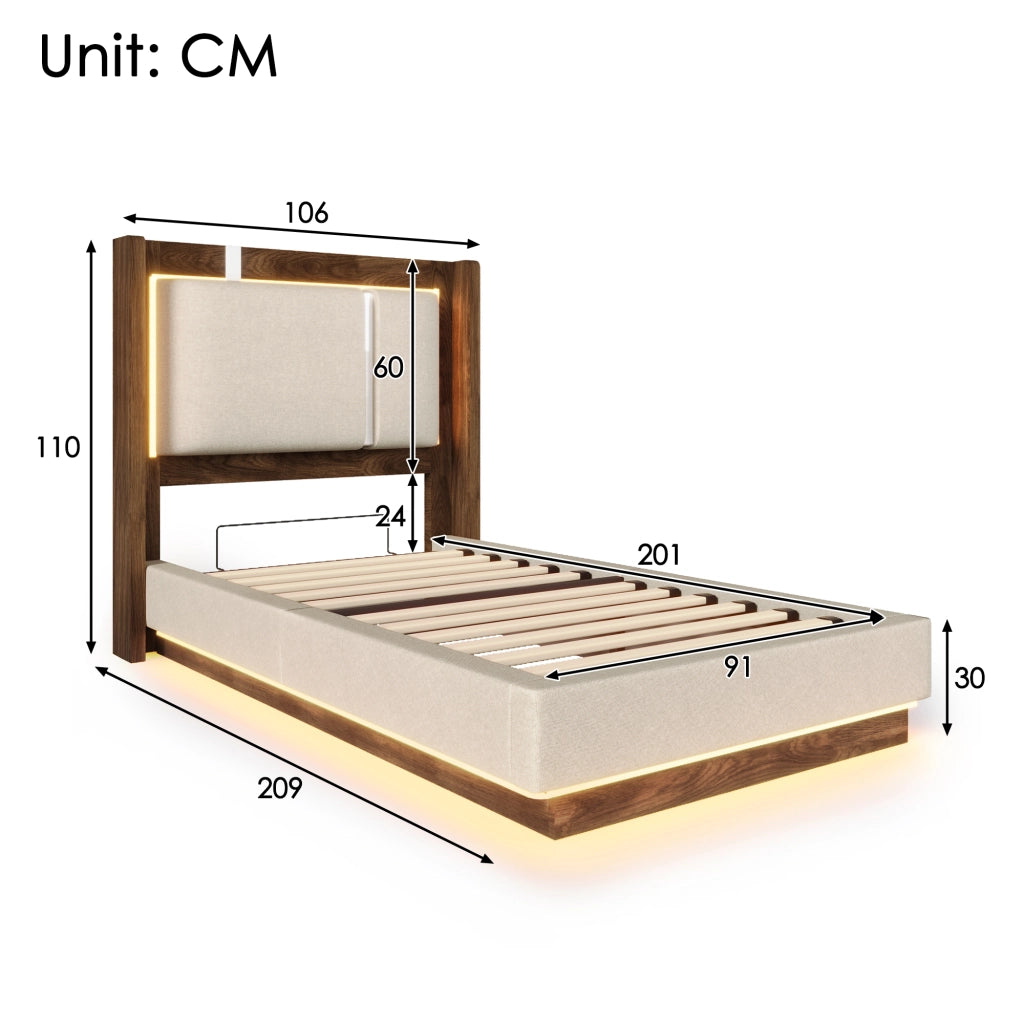 DESMIU Letto contenitore 90 × 200 cm 1 posto con LED, sollevamento idraulico e senza materasso, in lino, beige