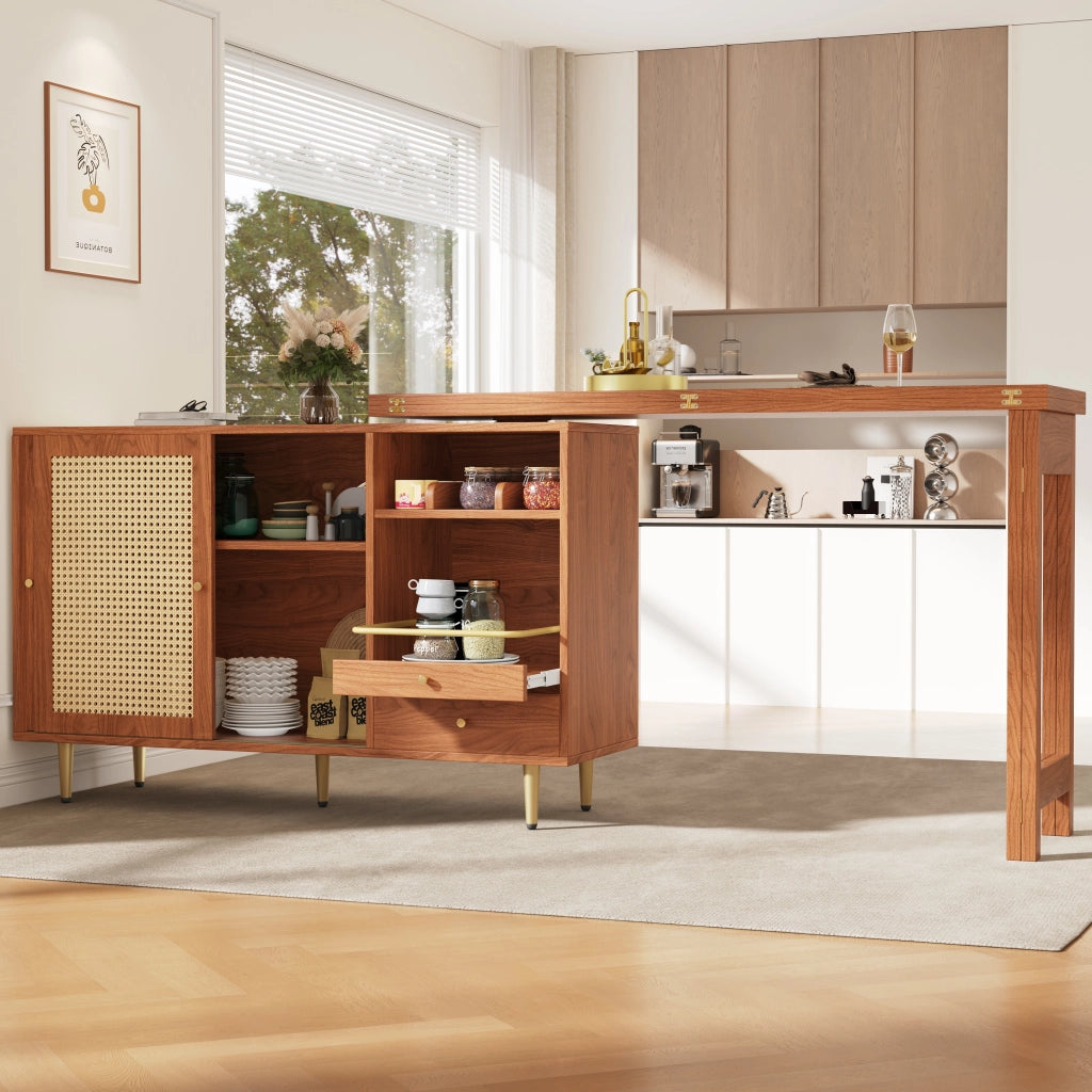 Tavolo Bar Girevole 360¡ã con Anta in Rattan e Ripiano ¨C MINIMAL ¨C Legno Marrone 107x40x71