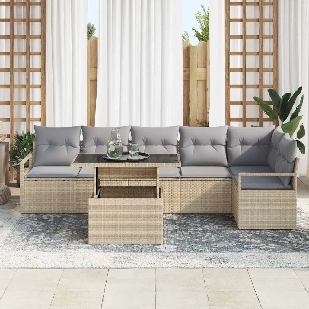 Set Divano da Giardino con cuscino 7 pcs Beige Poly Rattan