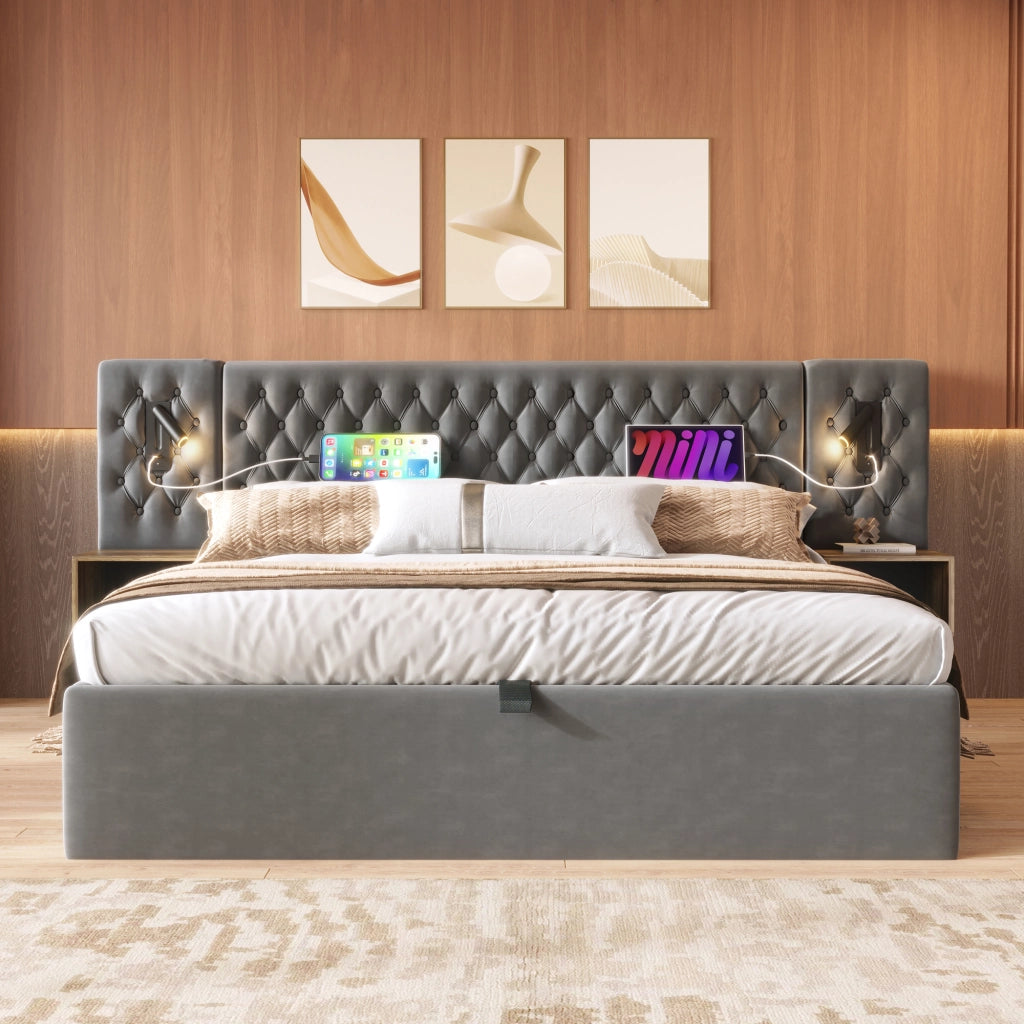 OKWISH Camera Da Letto Completa con Letto Contenitore Idraulico 160 x 200 cm, 2 Comodini e Luci Lettura USB, Velluto Grigio