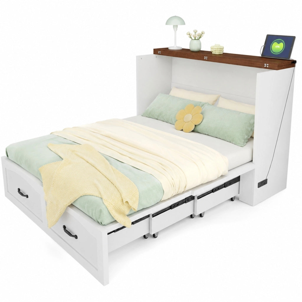 Letto pieghevole salvaspazio 140x200 cm con presa EU; struttura in metallo e legno; bianco