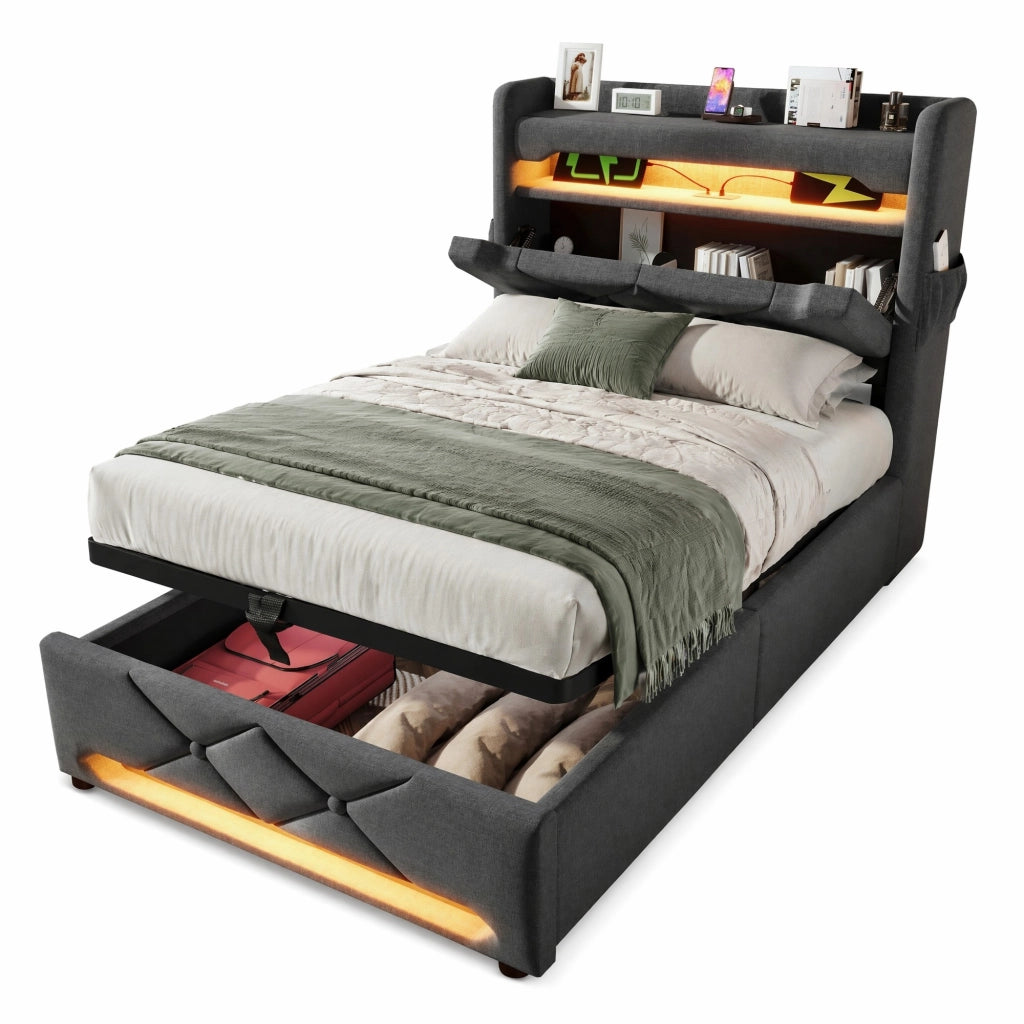 Letto singolo 90x200 con LED, USB e materasso incluso