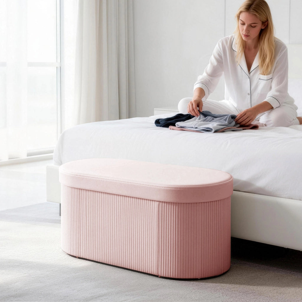 Pouf contenitore pieghevole 72L ¨C Xylo ¨C velluto rosa 76x38x35cm