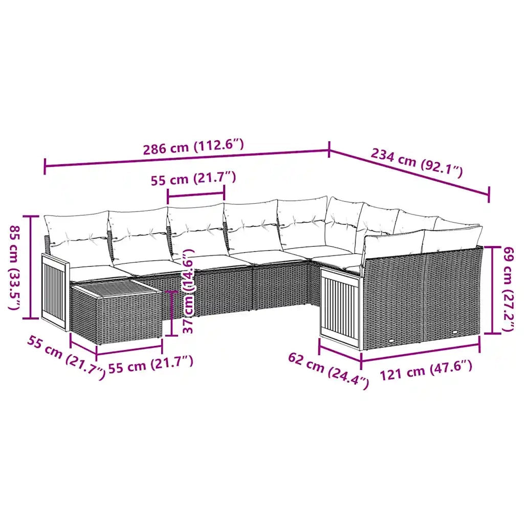 Set Divani da Giardino 10pz con Cuscini in Polyrattan Nero 3260397