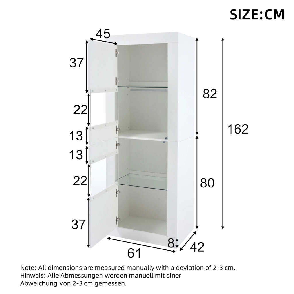 Vetrina con 2 ante e 4 vani con ripiani regolabili in vetro e LED per soggiorno o sala da pranzo 61×42×162 cm