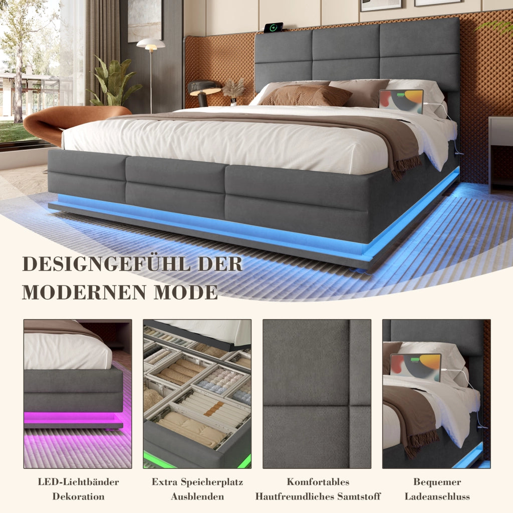OKWISH Letto Contenitore 180×200 cm, Letto Matrimoniale con USB, Tipo C, LED Regolabile e Testiera Regolabile, senza Materasso, Velluto, Grigio Scuro