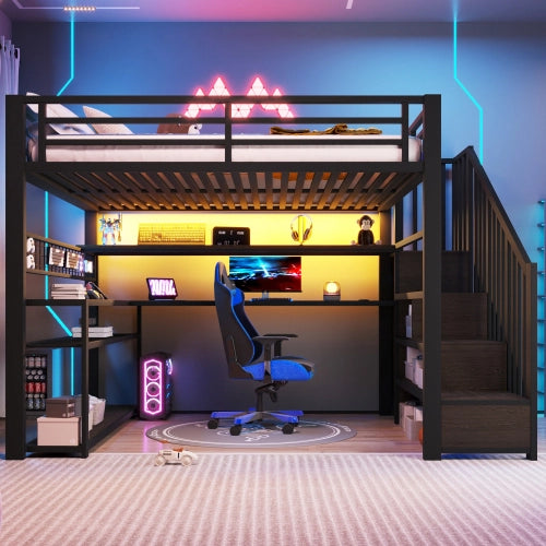 Letto a soppalco con scrivania e armadio 140x200 cm LEMONMAX, LED RGB, scala contenitore, metallo e MDF, nero, per cameretta gamer
