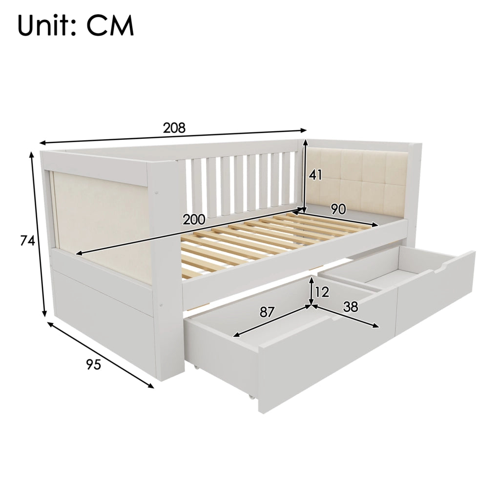 Letto da giorno 90x200 cm con 2 cassetti in legno bianco
